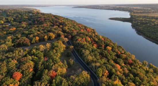 Aerial shot of Grand View Drive in the fall in Peoria Heights, Illinois