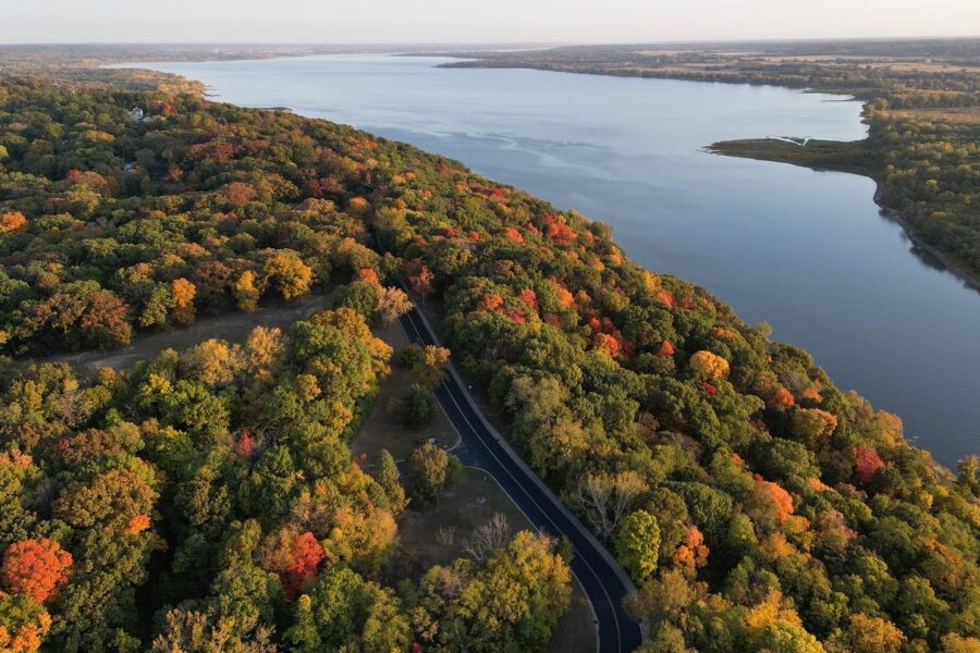 Aerial shot of Grand View Drive in the fall in Peoria Heights, Illinois